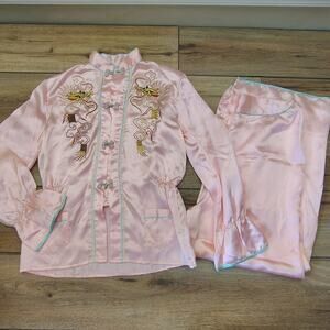 Vintage 1960s Pink Satin Dragon Embroidered Pajama Set Women's Medium WWII Style